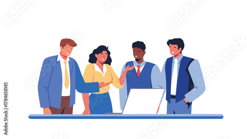 Diverse team of four professionals collaborating around a laptop on a white background illustrating teamwork and business discussions