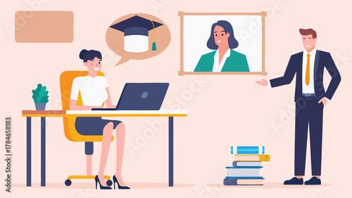 A woman studying online with a graduation cap thought bubble and a teacher presenting a lesson on a screen