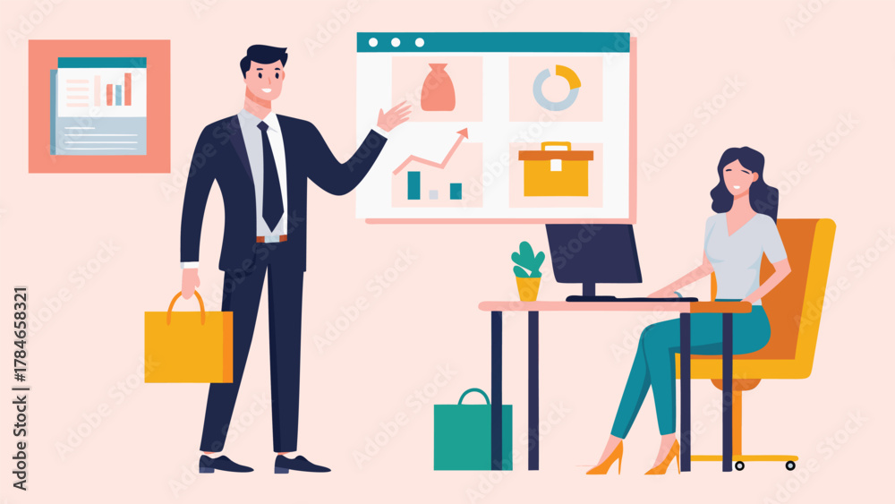 Fototapeta premium Business presentation with charts and graphs a man presenting to a woman at her desk in a modern office setting