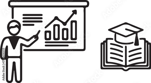 Professional Training and Education Vector Icon with Instructor, Graphs, Book, and Graduation Cap