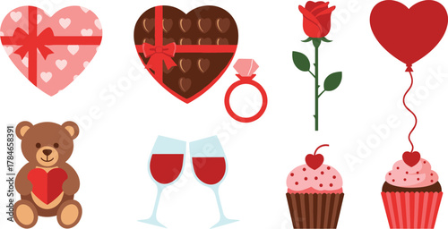 Valentine's day symbols of love romantic gifts celebration heart shaped candy rose and teddy bear