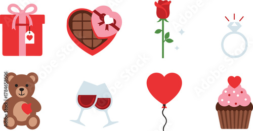 Romantic valentine's day icons collection gift rose teddy bear heart ring and cupcake celebration symbols