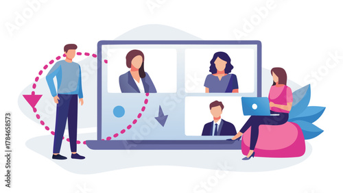 Diverse group of people collaborating remotely on a video conference call using a laptop and digital interface