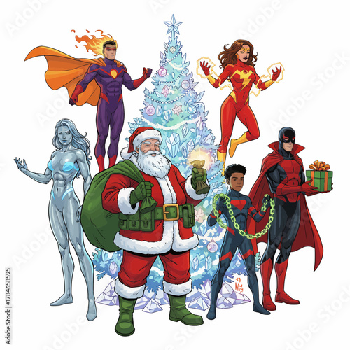Holiday Superheroes and Santa Claus Around Christmas Tree