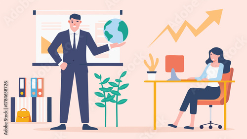 Man holding planet earth in office presentation with woman working at desk and upward trending graph