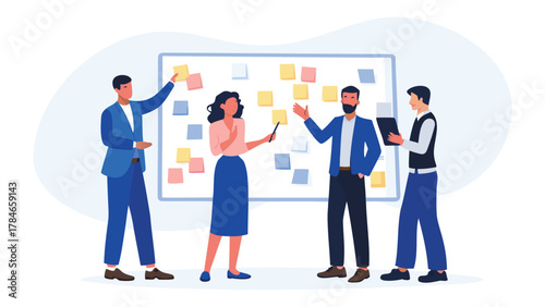 Diverse team of professionals collaborating around a whiteboard with sticky notes for brainstorming and project planning