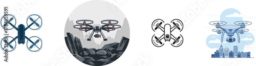 a variety of drones displayed with cityscape background and futuristic designs high quality