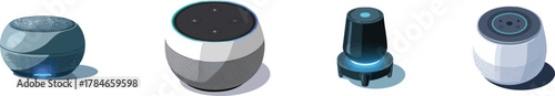 a row of sleek modern smart speakers with glowing blue lights high quality