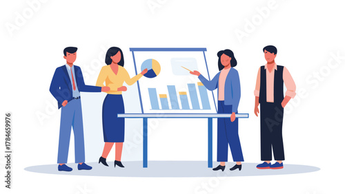 Diverse business professionals collaborating and presenting data charts on a whiteboard during a team meeting or strategy session