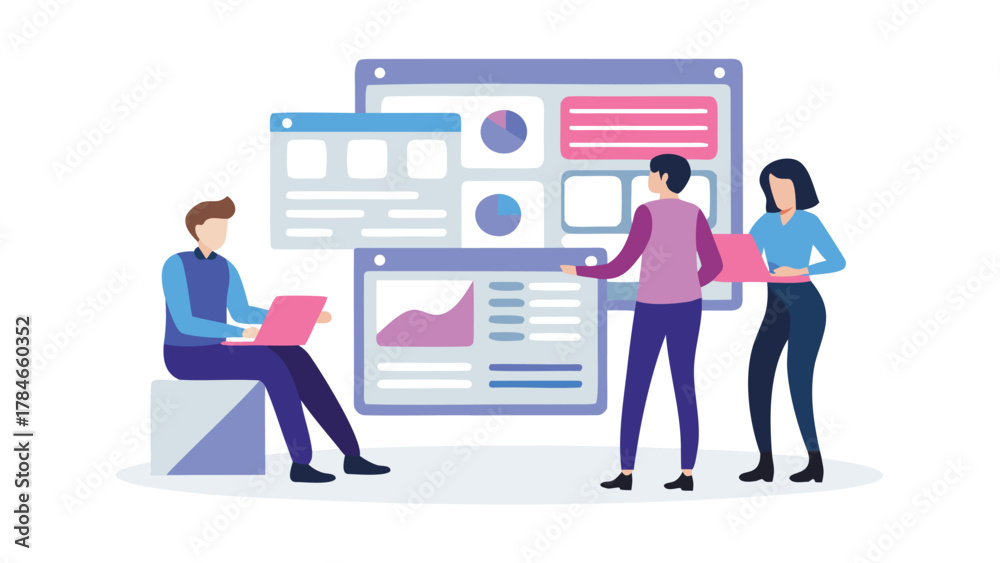 Obraz premium Diverse team collaborating on digital dashboards and data analysis with laptops and charts in a modern office setting