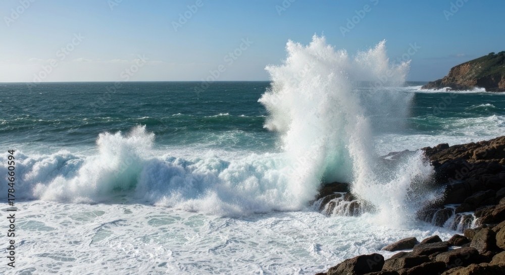 Fototapeta premium Crashing wave bursts against dark rocks on a sunny coast