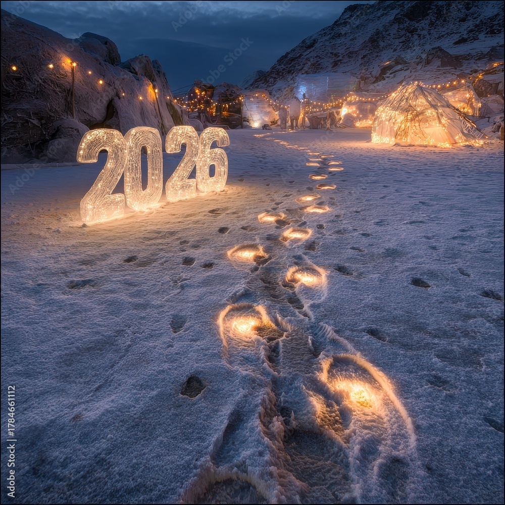 Obraz premium New Year Celebration, 2026, Frozen Landscape, Night Scene, Snowy Environment, Low Angle, Illuminated Pathway