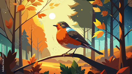 Very beautiful American Robin perched on a branch in the autumn woods of Michigan, USA, featuring vibrant fall foliage, soft natural light, and a realistic serene wildlife scene.