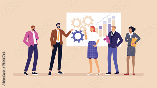 Diverse business team collaborates on a project presentation with gears and bar chart graphics on a whiteboard