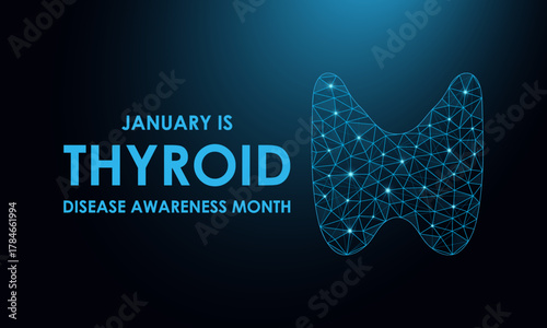 Thyroid Awareness Month is observed in January, symbolized by the blue, pink, and purple ribbon promoting early detection and thyroid health awareness banner design. Designed in a low poly style.