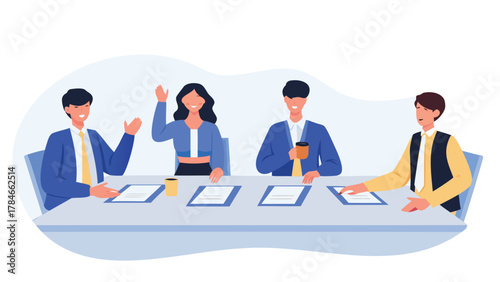 Diverse group of four business professionals sitting at a table reviewing documents and engaging in a meeting discussion