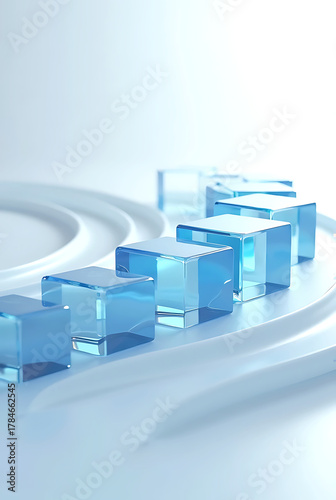 Transparent blue cubes arranged in a curve glass geometric shapes