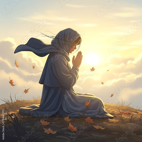 Woman praying at sunrise autumn leaves image