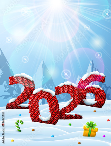 New Year 2026 in shape of knitted fabric in snow. Winter landscape with crocheted year number, top lighting. Vector image for new years day, christmas, winter holiday, knitting, new years eve