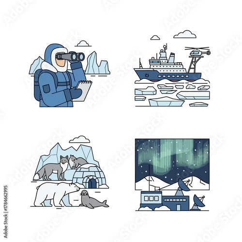Arctic Exploration and Wildlife Illustrations - A Collection of Polar Scenes.
