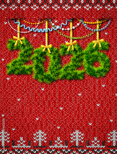 New Year 2026 of twigs as christmas ornament. Christmas knitted background with copy space and decoration. Vector illustration for new years day, christmas, winter holiday, new years eve, silvester