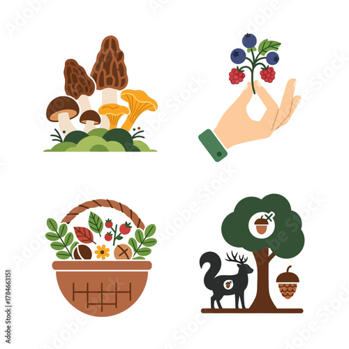 Autumnal Harvest Collection - Mushrooms, Berries, Basket, and Forest Elements.