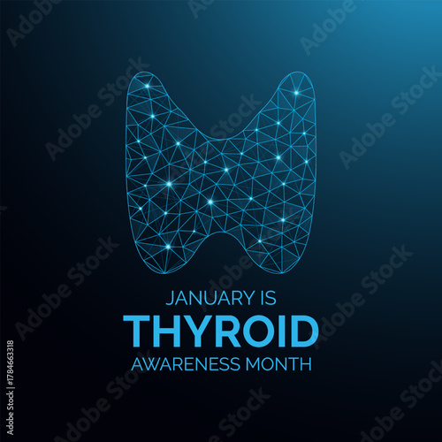 Thyroid Awareness Month is observed in January, symbolized by the blue, pink, and purple ribbon promoting early detection and thyroid health awareness banner design. Designed in a low poly style.