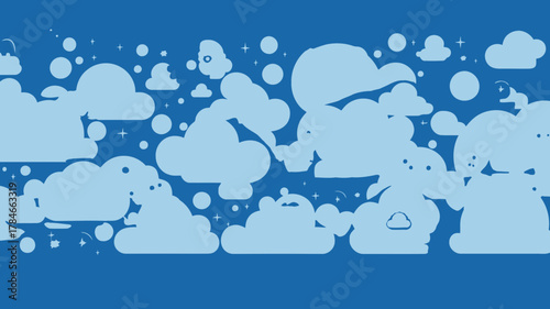 AI Image: Whimsical blue dreamscape featuring fluffy clouds, twinkling stars and geometric orbs