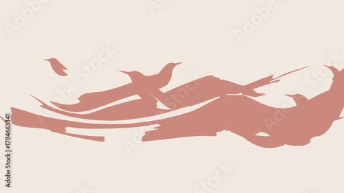 AI Image An ethereal flock of birds painted in minimalist strokes of warm terracotta and graceful