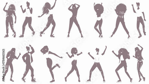 AI Image A multitude of silhouetted figures dynamically striking various dance poses against a