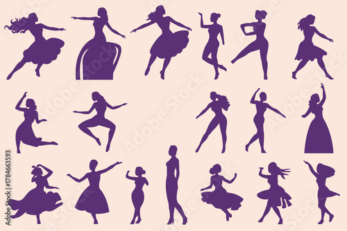 AI Image portraying a collection of elegant female figures in various dance poses, showcased as