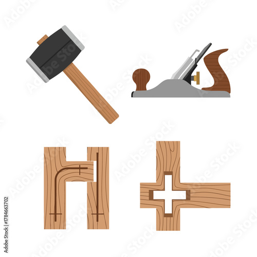 Carpentry Tools and Woodworking Joints Illustration.