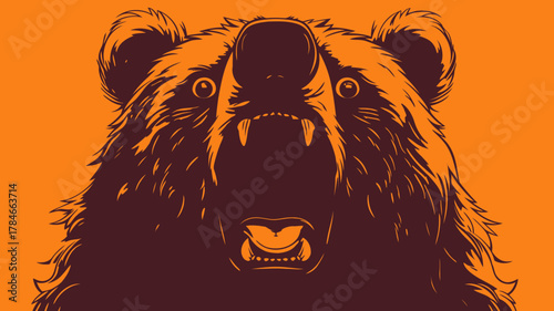 AI Image Representing a Fierce Brown Bear Roaring on a Bright Orange Background
