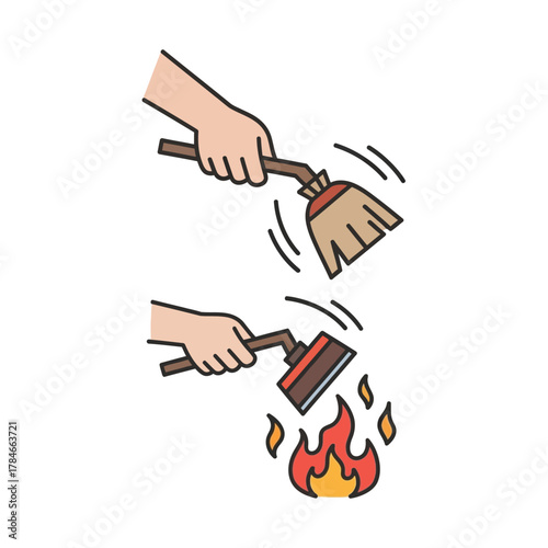Cartoon hands using a broom for sweeping and a fire beater for extinguishing flames.