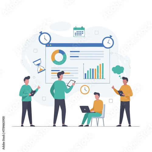 Team Members Cooperating To Adjust A Giant Clock Illustrating The Concept Of Meeting Project Deadlines With Data Charts And Graphs In The Background Featuring A Calendar And Hourglass