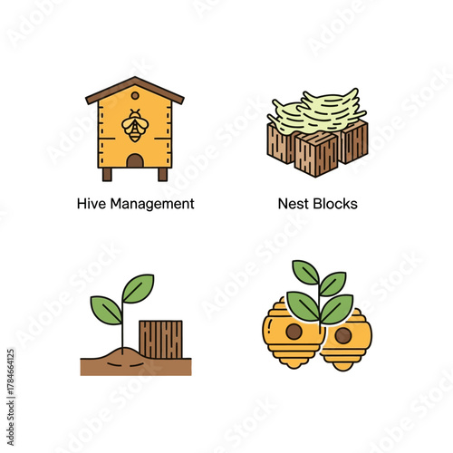 Collection of Icons Representing Beekeeping and Agriculture Concepts.