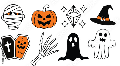 halloween icons set with ghost pumpkin mummy and witch hat illustration