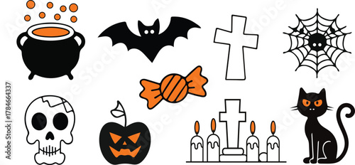 halloween elements set with bat skull black cat and pumpkin illustration