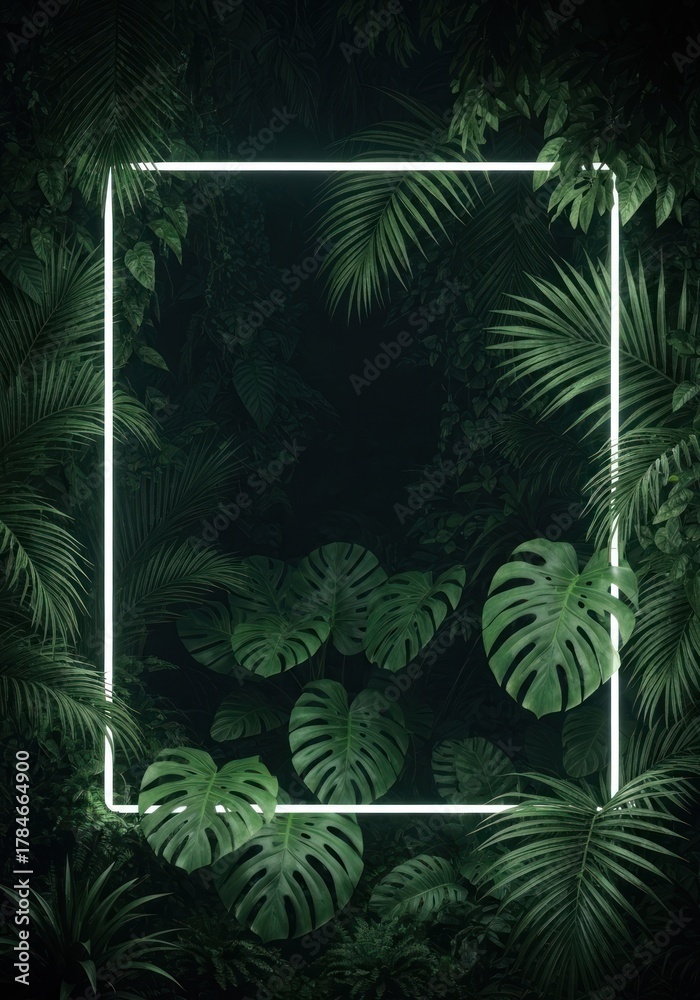 Fototapeta premium Neon frame in jungle foliage