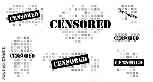Bold design showcases the word censored across various pixelated backgrounds.