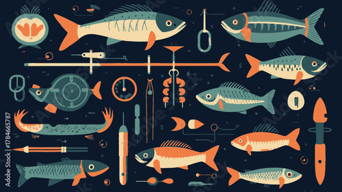 AI Image A whimsical exploration of fishing tackle with stylized fish illustrations in a muted