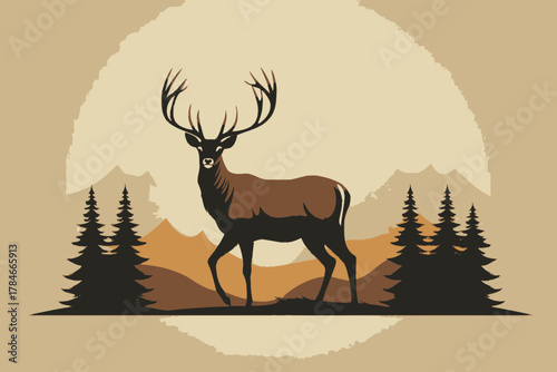 AI Image Illustration of a majestic deer in a serene mountainous landscape under soft sunlight