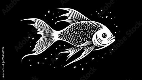 AI Image Black backdrop with the majestic scales of a white fish in ethereal drawing