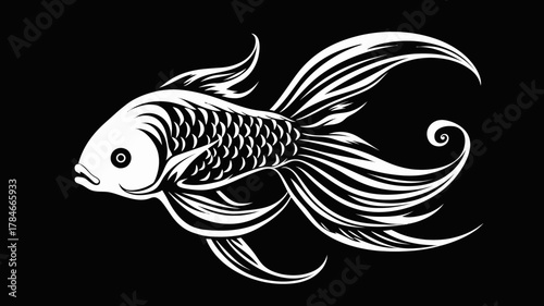 AI Image Black background with a detailed illustration of a fancy goldfish design