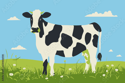 AI Image The Dairy Cow in a Vivid Meadow Pastoral Scene Cartoon Illustration