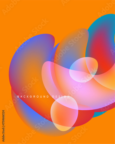 Abstract shapes overlap, creating vibrant color blends. Orange background complements flowing forms, modern design element.