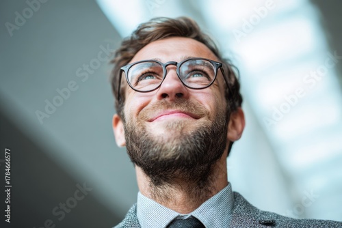 Confident businessmen looking upward with optimism and ambition, captured under bright natural light in a modern city environment.