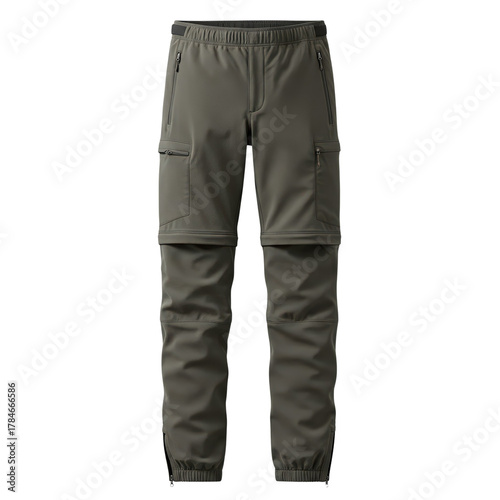Zip-off joggers for hiking in olive green with cargo pockets, isolated on transparent background. Clothes for activity outdoors, convenient outfit for camping