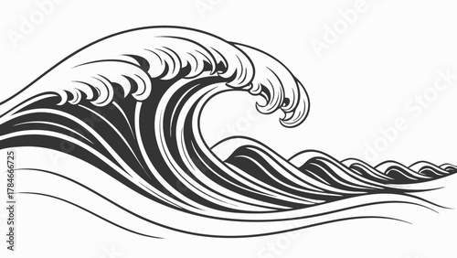 Ocean Wave Line Art – Abstract Sea Wave Vector Illustration in Black and White