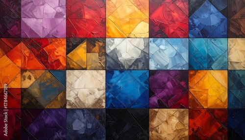 Abstract oil painting with geometric shapes and various vibrant colors